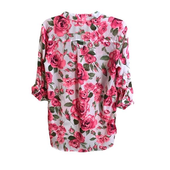 I Live 4 Truth Blouse Women Size L Pink Floral Hi Low Hem Roll Tab Sleeve - Picture 8 of 11